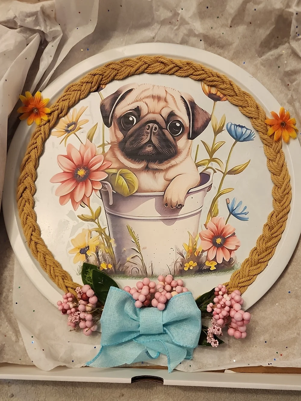 Pug in Bucket Decorative Pet Wall Plaque - Blue & Pink Accent
